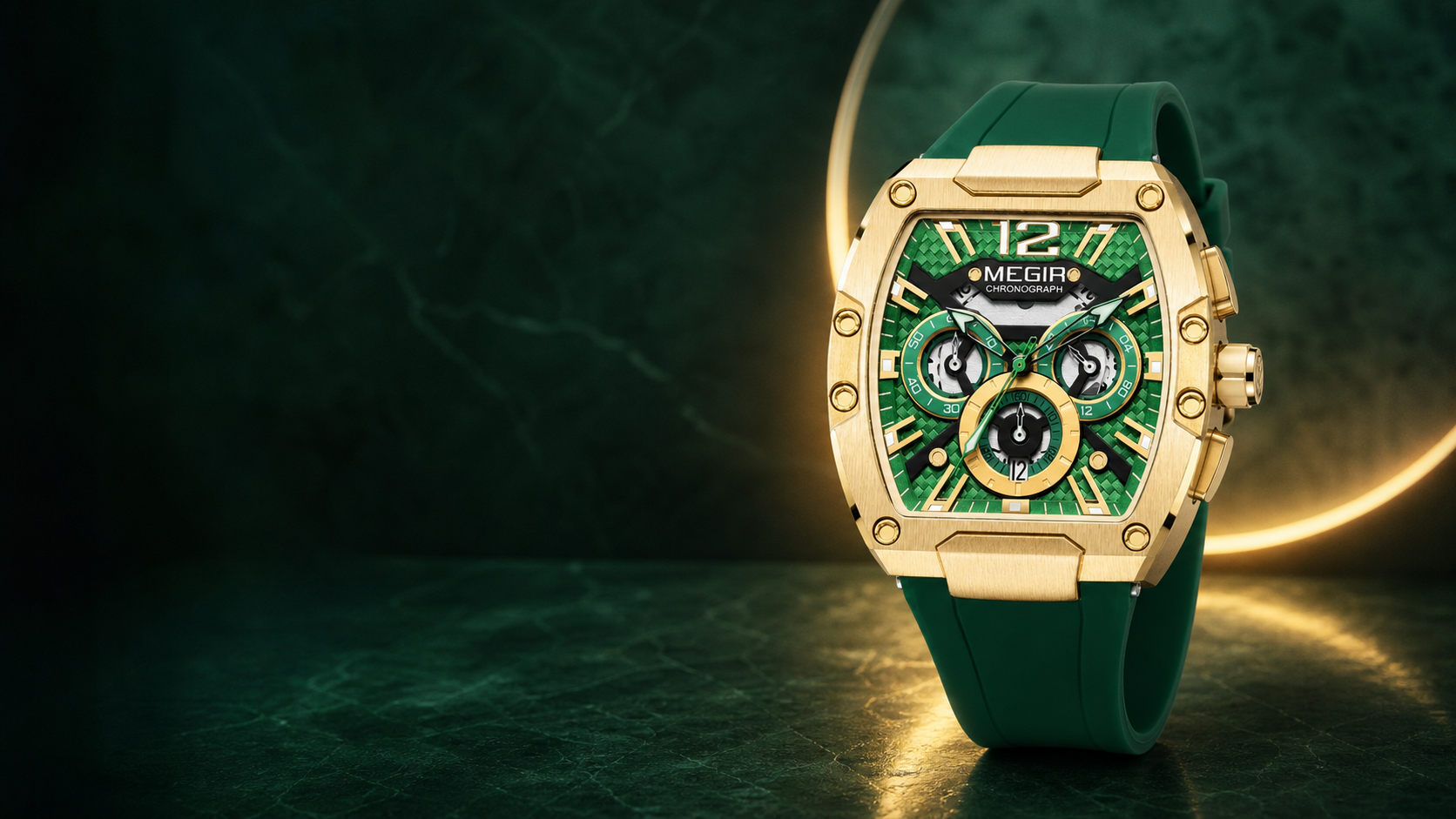 Gold and green MEGIR Heritage watch on a dark emerald background