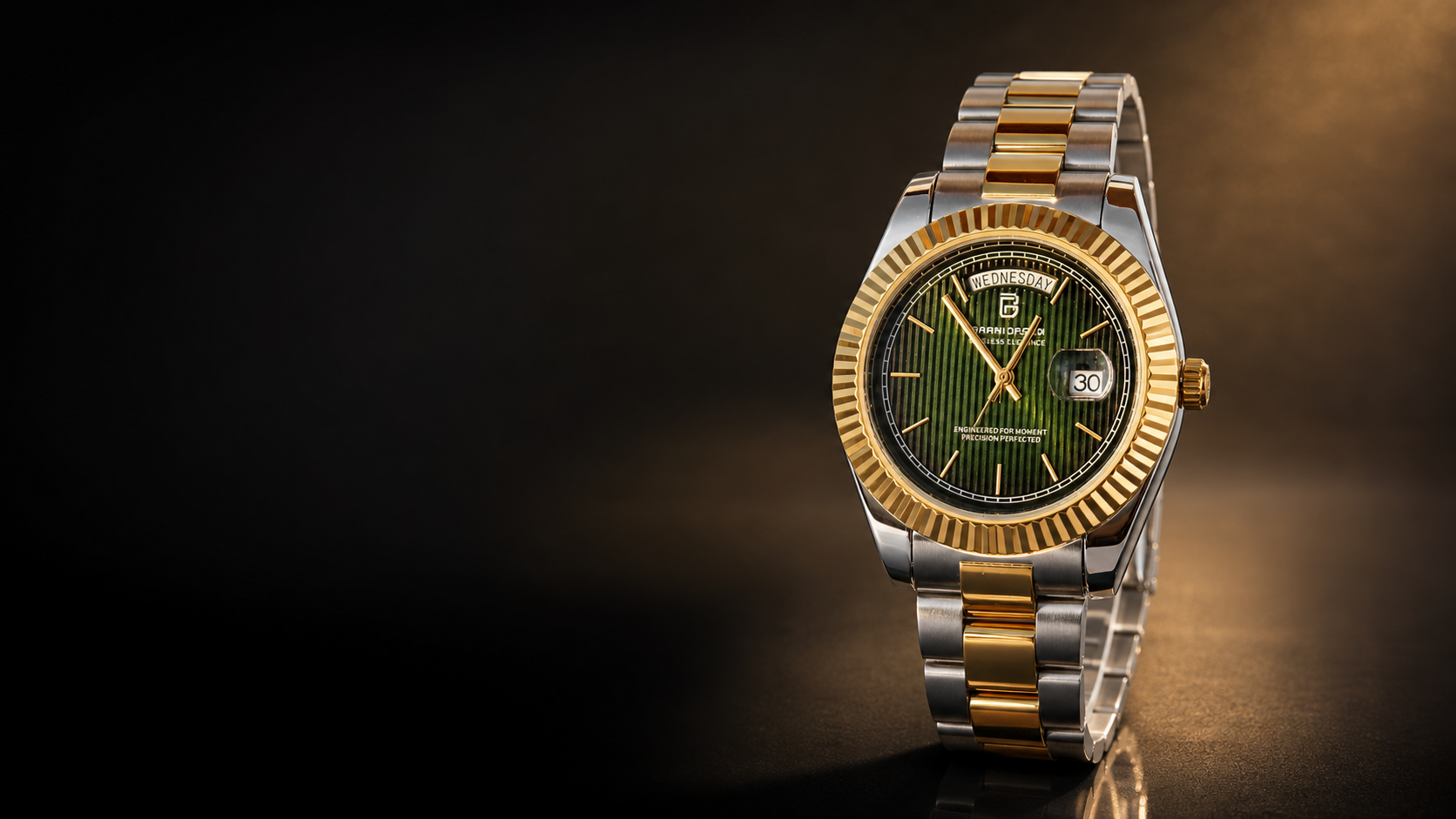 Two-tone gold and steel watch with green dial on a dark luxury background