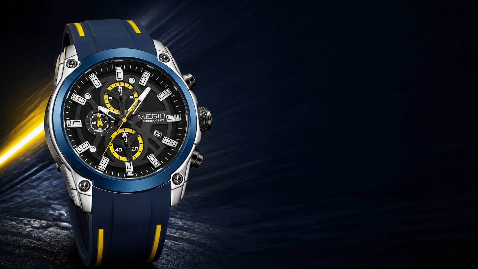 Blue and yellow MEGIR Vortex watch on a dark performance background